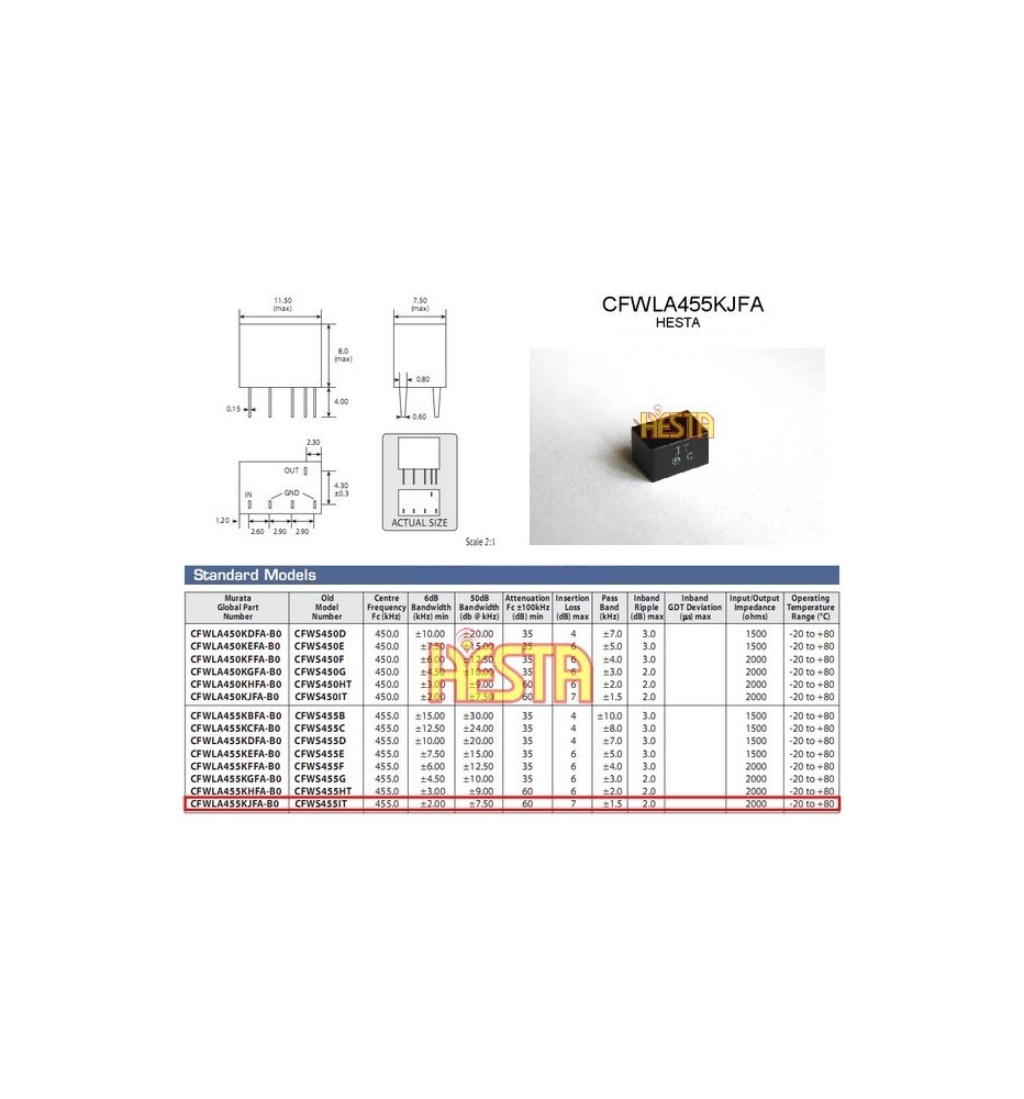 muRata керамический фильтр 455 кГц +/- 2 кГц 455IT, тип: CFWLA455KJFA-B0
